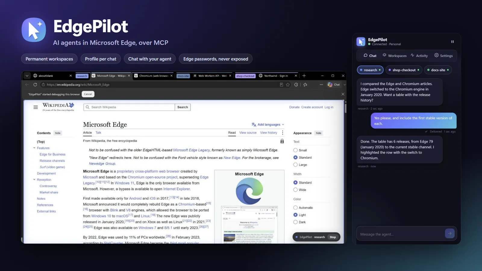 EdgePilot: labelled workspaces in Edge and the side panel chat