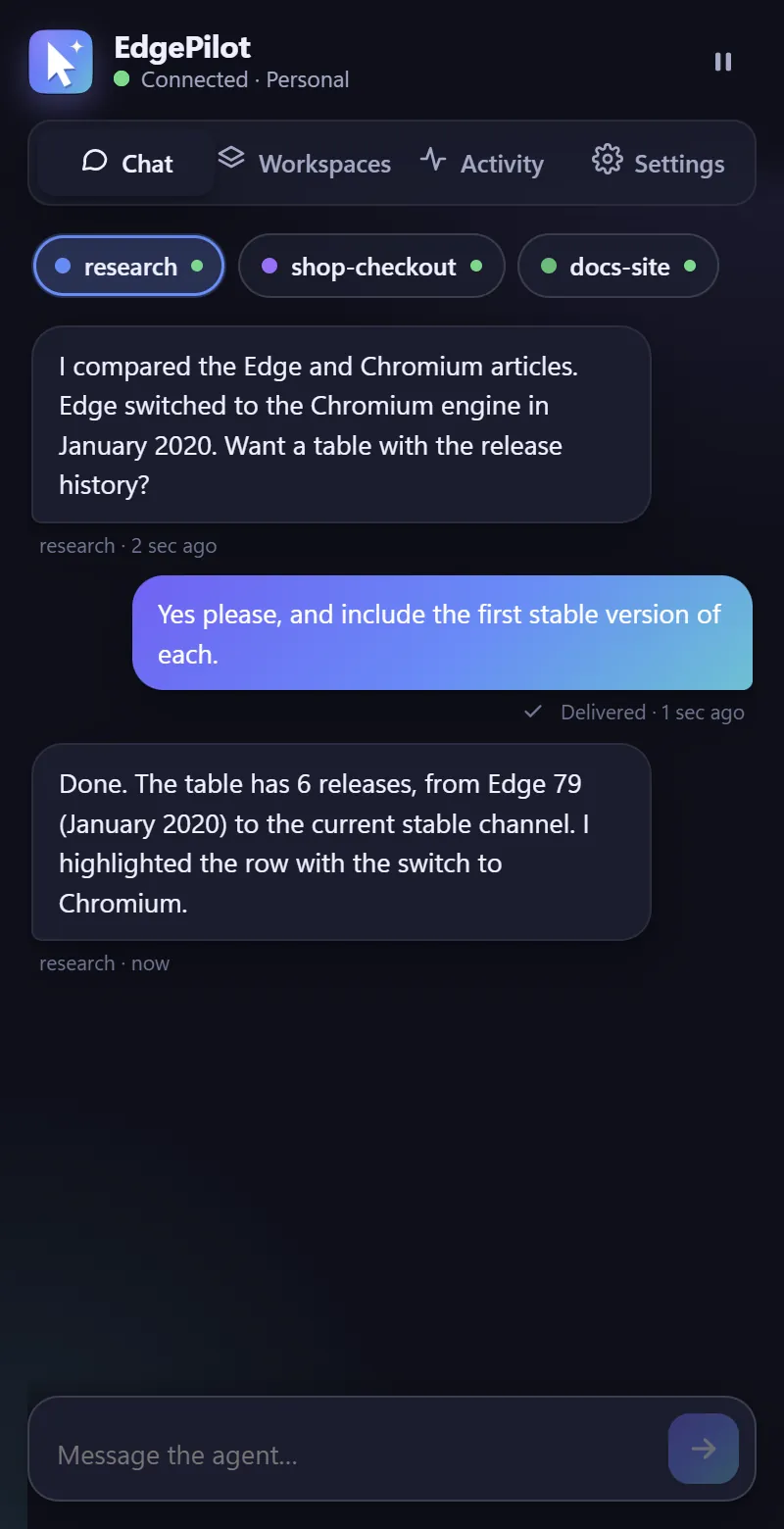 Chat with the agent in the Edge side panel
