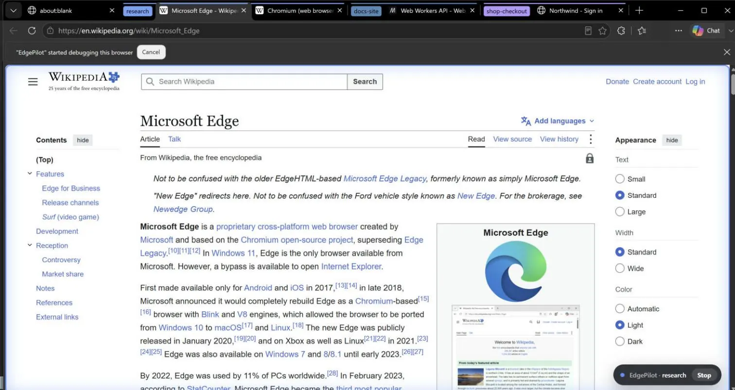Three chats in one Edge window, each in its own labelled tab group