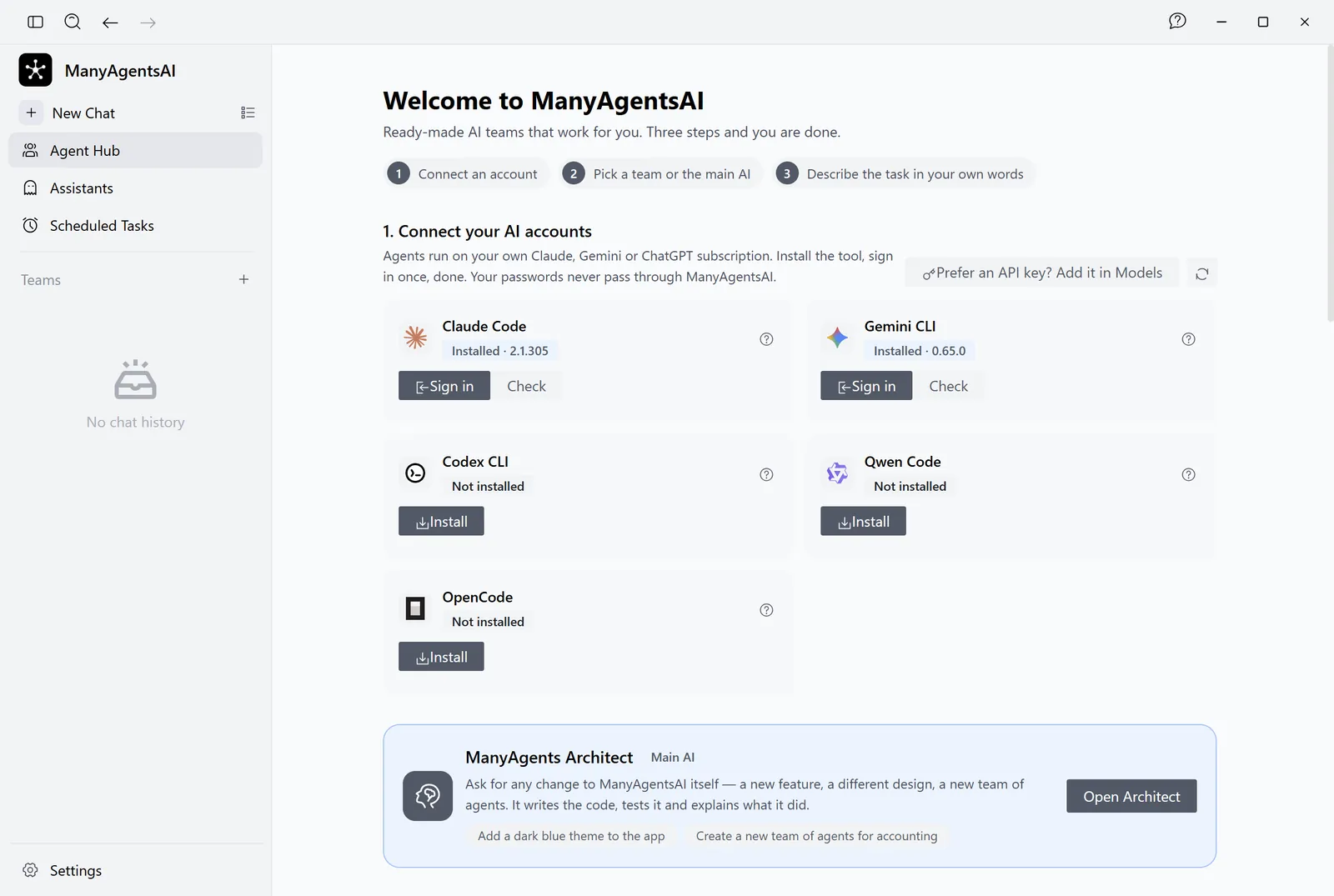 One-click install and sign-in for Claude Code, Gemini CLI and Codex