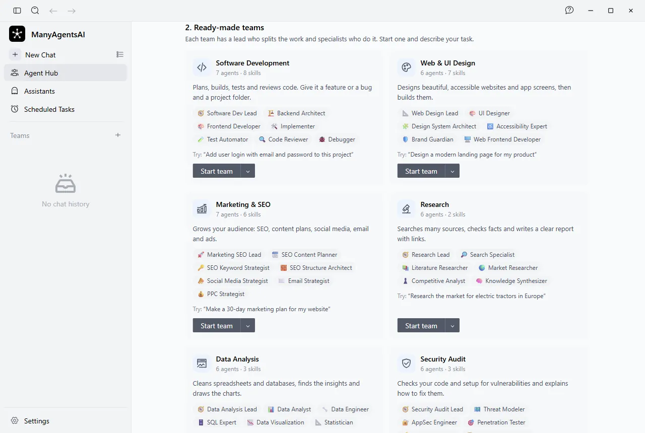 Agent Hub with ready-made teams: Software Development, Web & UI Design, Marketing & SEO, Research