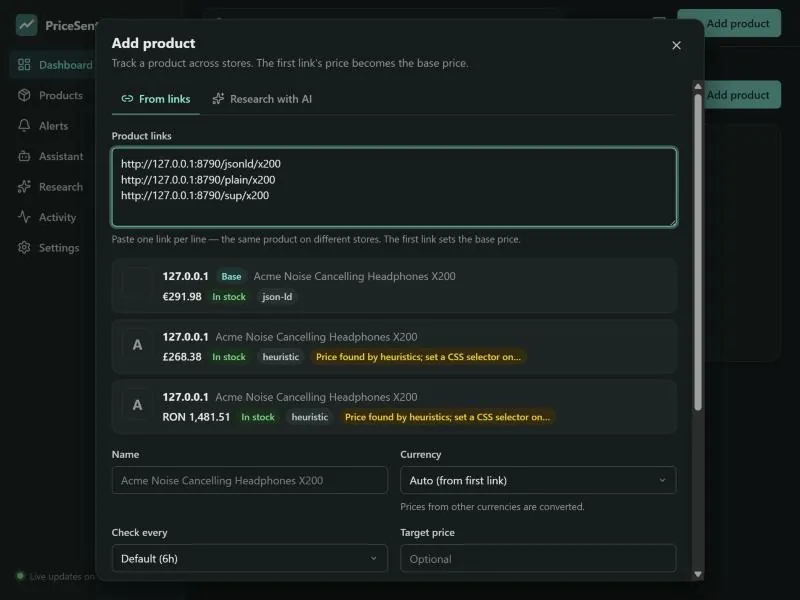 Adding a product by pasting a link or researching with AI