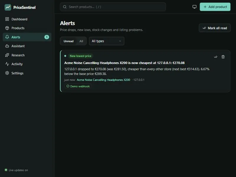 Alerts inbox with cheapest-store notifications