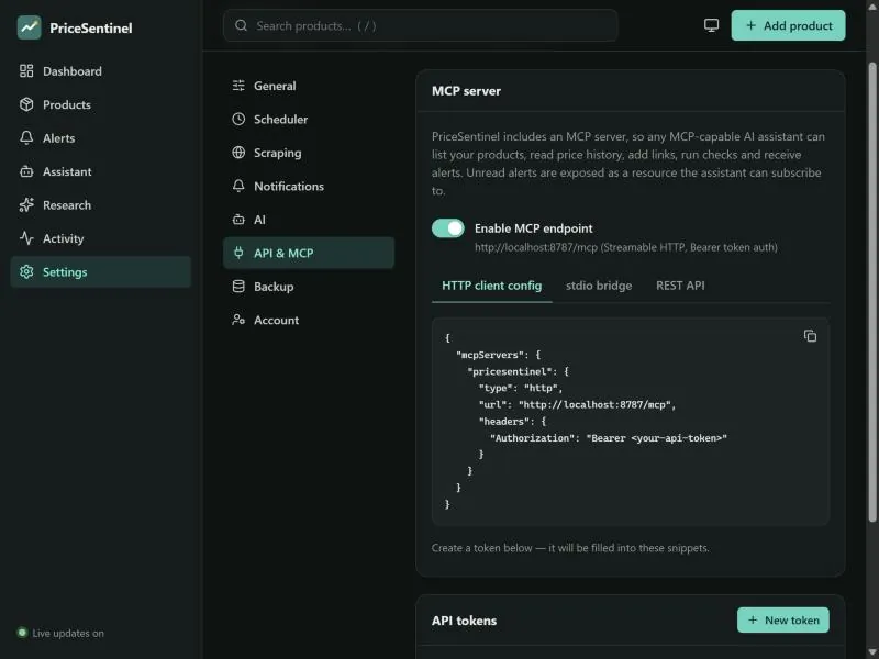 MCP setup screen with token and client configuration