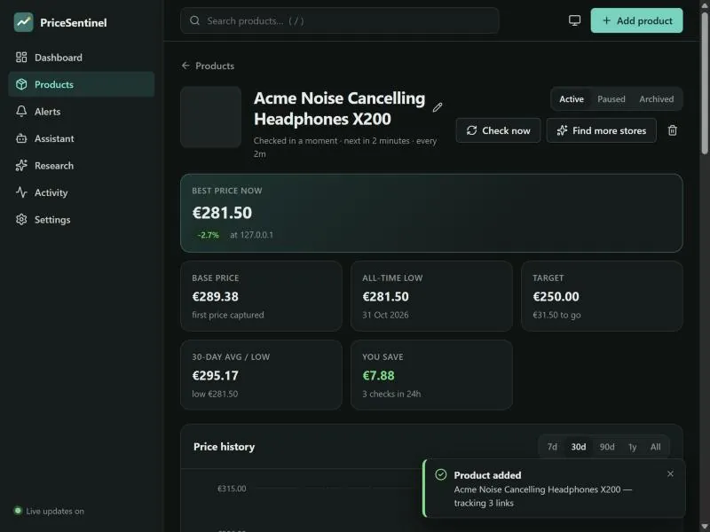 Product page with price history and store links